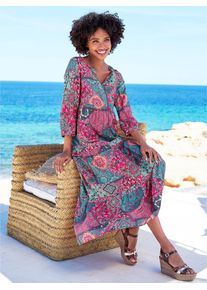 Druckkleid Heine "Druck-Kleid", Damen, Gr. 44, Normalgr&ouml;&szlig;en, bunt (erdbeere, ozean, bedruckt), 100% Viskose, bedruckt, gebl&uuml;mt, gemustert, mehrfarbig, lang, V-Ausschnitt, Kleider Druckkleid