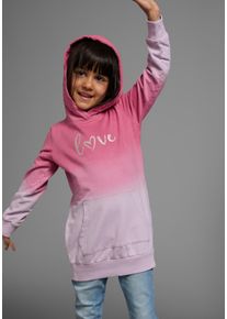 Kapuzensweatshirt Kidsworld "Longsweatshirt mit LOVE print", M&auml;dchen, Gr. 116/122, bunt (pink, flieder), Sweatware, Obermaterial: 100% Baumwolle, bedruckt, mehrfarbig, Basic Po-bedeckend, B&uuml;ndchen, Sweatshirts Kapuzensweatshirt, Langarm, po-bedeckend, mit Glitzerdruck, aus Baumwolle
