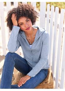 Kapuzenstrickjacke Heine, Damen, Gr. 42, blau (bleu, meliert), 50% Viskose, 28% Polyester, 22% Polyamid, meliert, unifarben, Strickjacken Kapuzenstrickjacke