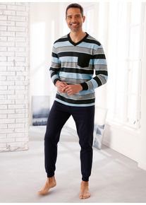 Schlafanzug, Herren, Gr. 44/46, blau (marine, gestreift), 100% Baumwolle, Homewear-Sets Schlafanzug