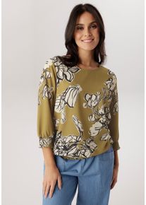 Schlupfbluse Aniston SELECTED, Damen, Gr. 42, oliv, beige, schwarz, Web, Obermaterial: 95% Polyester, 5% Elasthan, bedruckt, gebl&uuml;mt, gemustert, figurumspielend h&uuml;ftbedeckend, Rundhals, Smokb&uuml;ndchen, Blusen Schlupfbluse, mit Smokb&uuml;ndchen und Knopfverschluss hinten - NEUE KOLLEKTION