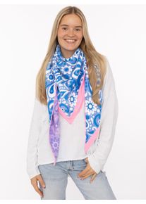 Dreieckstuch Zwillingsherz "Blumige Aussichten", Damen, blau pink, Strick, Materialmix, gemustert, mehrfarbig, Modet&uuml;cher Dreieckstuch, Florales Muster, Kante Uni, Strick