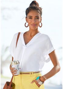 Kurzarmbluse Vivance, Damen, Gr. 36/38, wei&szlig;, Web, Obermaterial: 100% Viskose, unifarben, figurumspielend h&uuml;ftlang, tiefer V-Ausschnitt, Aufschlag, Blusen Kurzarmbluse, in lockerem Schnitt, Damenbluse, casual, Business-Look, Topseller