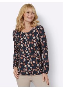 Langarmshirt Ambria "Shirt", Damen, Gr. 52, bunt (marine, rotbraun, bedruckt), 95% Viskose, 5% Elasthan, gemustert, Rundhals, Shirts Langarmshirt