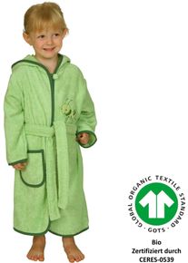 W&ouml;rner Kinderbademantel W&Ouml;RNER "Grash&uuml;pfer hellgr&uuml;n" Gr. 98, hellgr&uuml;n, L:65cm, Frottier, Hausm&auml;ntel, Kinderbademantel, Biobaumwolle, mit Stickerei, mit Tasche