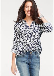 Schlupfbluse Aniston CASUAL, Damen, Gr. 44, blau (marine, wei&szlig;, bedruckt), Web, Obermaterial: 100% Viskose, bedruckt, figurumspielend Po-bedeckend, Rundhals, &Auml;rmel mit &Auml;rmelschlitz 1-Knopf-Manschette krempelbar, Blusen Schlupfbluse, mit krempelbaren &Auml;rmeln, Topseller
