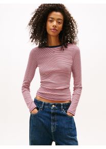 Langarmshirt Tommy Jeans "TJW SLIM ESSENTIAL RIB LS", Damen, Gr. XS (34), rot, navy, wei&szlig; mini stripe, Rippware, Obermaterial: 95% Baumwolle, 5% Elasthan, gestreift, slim fit h&uuml;ftlang, Rundhals, eingesetzt abgesteppt, Shirts Langarmshirt, mit Logostickerei
