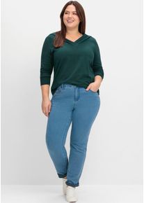 Langarmshirt sheego by Joe Browns "Langarmshirt", Damen, Gr. 44/46, blau (petrol), 95% Baumwolle, 5% Elasthan, unifarben, V-Ausschnitt, Shirts Langarmshirt