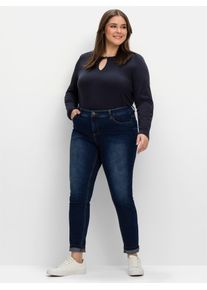 Stretch-Jeans sheego, Damen, Gr. 58, Normalgr&ouml;&szlig;en, blau (dunkelblau denim), 74% Baumwolle, 22% Polyester, 3% Viskose, 1% Elasthan, unifarben, lang, Jeans Stretch-Jeans