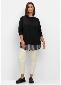 2-in-1-Langarmshirt sheego "2-in-1-Shirt", Damen, Gr. 52/54, schwarz, 100% Baumwolle, Webware:100% Polyester, gemustert, gestreift, unifarben, U-Boot-Ausschnitt, Shirts 2-in-1-Langarmshirt