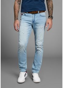 Straight-Jeans Bruno Banani "Hutch", Herren, Gr. 33, L&auml;nge 32, l.blau dunkel, Denim/Jeans, Obermaterial: 98% Baumwolle, 2% Elasthan, Destroyed-Effekte, normal lang, Jeans Straight-Jeans, gerade geschnittenes Bein, niedrige Leibh&ouml;he, regul&auml;re Passform