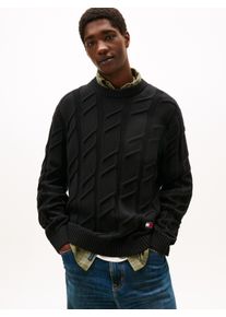 Rundhalspullover Tommy Jeans "TJM REG CHUNKY CABLE", Herren, Gr. S, schwarz, Strick, Obermaterial: 100% Baumwolle, regular fit, Rundhals, Rippb&uuml;ndchen, Pullover Rundhalspullover, Grobstrick mit Zopfmuster, regular fit, Rundhals