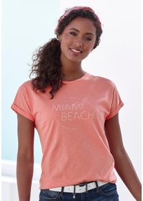 T-Shirt Vivance "mit modischem Frontprint", Damen, Gr. 48/50, orange (peach), Jersey, Obermaterial: 100% Baumwolle, bedruckt, bequem normal, Rundhals, angeschnitten,mit Aufschlag Aufschlag, Shirts T-Shirt, aus weicher Baumwoll-Qualit&auml;t, Topseller