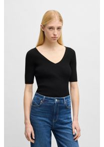 Strickpullover BOSS Orange "Faradisco Premium Damenmode", Damen, Gr. XS, schwarz (schwarz 001), Strick, Obermaterial: 72% Viskose, 28% Polyester, unifarben, slim fit, V-Ausschnitt, eng offene Kante, Pullover Strickpullover, mit BOSS Metallcharm