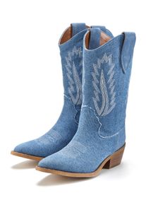 Chelseaboots Lascana, Damen, Gr. 38, blau (denimblau), Obermaterial: 95% Textilmaterial, 5% Rindsleder. Decksohle: 100% Lederimitat. Futter: 100% Lederimitat. Laufsohle: 100% Synthetik, unifarben, Schuhe Chelseaboots, Cowboy Stiefelette, Western Stiefelette, Ankleboots im Denim-Look