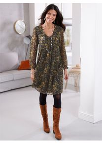 A-Linien-Kleid Classic Basics "Kleid", Damen, Gr. 52, Normalgr&ouml;&szlig;en, bunt (schwarz, ocker), Georgette, 100% Polyester, gebl&uuml;mt, gemustert, mehrfarbig, kurz, V-Ausschnitt, Kleider A-Linien-Kleid