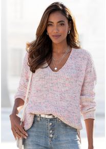 V-Ausschnitt-Pullover Buffalo, Damen, Gr. 44/46, rosa, blau, Strick, Obermaterial: 100% Polyester, meliert, figurumspielend h&uuml;ftlang, tiefer V-Ausschnitt, Strickb&uuml;ndchen, Pullover V-Ausschnitt-Pullover, aus weichem Chenille, Strickpullover, kuschelig weich, Topseller