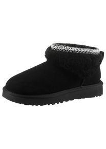 UGG Australia Schlupfboots UGG "CLASSIC ULTRA MINI MAXI CURLY", Damen, Gr. 5 (36), schwarz, Lammfell, Veloursleder, Schuhe Schlupfboots, Winterstiefel, Snowboots mit Ethno-Textilband am Schaftrand