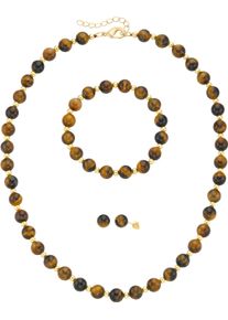 Schmuckset Firetti "Multipack Schmuck Geschenk Ohrstecker Armkette Halskette K&uuml;gelchen", braun (gelbgoldfarben, braun, braun), Schmuck_Sets, Damen, Elasthan, Messing, Polyester, Schmuckset, mit Tigerauge