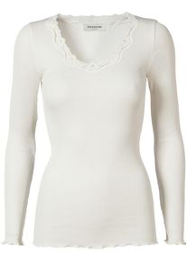 Langarmshirt rosemunde "Babette Silk Blouse", Damen, Gr. L, wei&szlig; (new wei&szlig;), Feinripp, Obermaterial: 70% Seide, 30% Baumwolle, clean, unifarben, schmal h&uuml;ftbedeckend, Rundhals, gewellter Abschluss, Shirts Langarmshirt, Langarm, mit Spitze, feminin, bequem, eng, Seidenmix