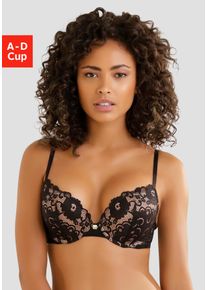 Push-up-BH JETTE, Damen, Gr. 80, Cup B, schwarz (schwarz, caramel), Spitze, Obermaterial: 90% Polyamid, 10% Elasthan, BHs Push-up-BH, aus floraler Spitze, Dessous