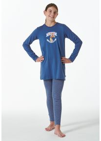 Schlafanzug Schiesser "Horse World", M&auml;dchen, Gr. 140, blau, Single Jersey, Obermaterial: 100% Baumwolle. Obermaterial Hose: 95% Baumwolle, 5% Elasthan, gestreift, unifarben, bequem lang, Rundhals, Homewear-Sets Schlafanzug, mit Motiv auf der Brust