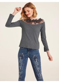 Langarmshirt Heine "Shirt", Damen, Gr. 34, grau, 50% Polyester, 45% Viskose, 5% Elasthan, Spitze:80% Baumwolle, 20% Polyester, unifarben, U-Boot-Ausschnitt, Shirts Langarmshirt