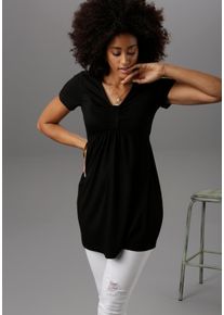 Tunika Aniston SELECTED, Damen, Gr. 44, schwarz, Jersey, Obermaterial: 95% Viskose, 5% Elasthan, unifarben, figurumspielend Po-bedeckend, V-Ausschnitt, Tuniken Tunika, mit Raffung im Brustbereich, Topseller