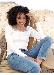 Langarmshirt Heine "Shirt", Damen, Gr. 42, beige (ecru), 95% Baumwolle, 5% Elasthan, unifarben, eckiger Ausschnitt, Shirts Langarmshirt