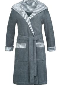 Damenbademantel Esprit "Day, ideal f&uuml;r Sauna & Spa, Hotelbademantel, Morgenmantel" Gr. L, grau (grau steel), L:97cm, Microfaser-Webfrottier, Hausm&auml;ntel, Damenbademantel, mit Kapuze, gestreiften Akzenten & Logostickerei, kurz