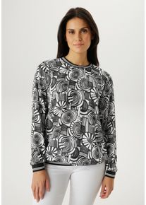 Shirtbluse Aniston SELECTED, Damen, Gr. 40, schwarz, wollwei&szlig;, Cr&ecirc;pe, Obermaterial: 97% Polyester, 3% Elasthan, bedruckt, gemustert, gestreift, figurumspielend h&uuml;ftbedeckend, Rundhals, B&uuml;ndchen, Blusen Shirtbluse, mit gestreiften B&uuml;ndchen und Retro-Muster - NEUE KOLLEKTION