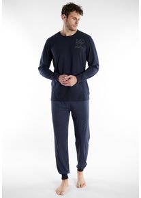 Schlafanzug Tom Tailor "Rhodos", Herren, Gr. 48S, blau (blau, mittel, allover), Obermaterial: 100% Baumwolle, gepunktet, bequem normal, Rundhals, breiter Bund, Homewear-Sets Schlafanzug, Langarm, Rundhalsausschnitt, gepunktet, basic, Baumwolle
