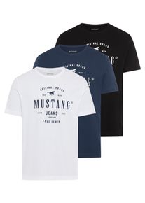 T-Shirt Mustang "Style Alex 3-Pack", Herren, Gr. XL, wei&szlig;, blau, schwarz, Jersey, Obermaterial: 100% Baumwolle, bedruckt, regular fit normal, Rundhals, Shirts T-Shirt, mit plakativem Druck