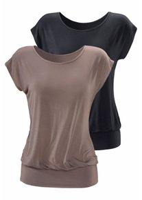 Longshirt Lascana "mit breitem Bund", Damen, Gr. 52/54, grau (taupe, schwarz), Obermaterial: 95% Viskose (LENZING&trade; ECOVERO&trade;), 5% Elasthan, unifarben, bequem lang, Rundhals, Shirts Longshirt, aus weichem Viskose-Stretch, Topseller