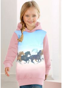 Longsweatshirt Kidsworld "f&uuml;r kleine M&auml;dchen", M&auml;dchen, Gr. 140/146, bunt (hellblau, rosa), angeraute Sweatware, Obermaterial: 100% Baumwolle. Vorderteil: 65% Polyester, 35% Baumwolle, bedruckt, Basic Po-bedeckend, B&uuml;ndchen, Sweatshirts Longsweatshirt, Langarm, bedruckt, mit Kapuze, aus angerauter Sweatware