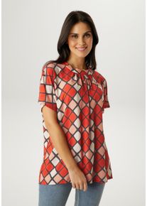 Kurzarmbluse Aniston SELECTED, Damen, Gr. 46, rot, schwarz, apricot, beige, Cr&ecirc;pe, Obermaterial: 95% Polyester, 5% Elasthan, Rautenmuster, bedruckt, gemustert, h&uuml;ftbedeckend, Blusen Kurzarmbluse, in extra weiter Form - NEUE KOLLEKTION