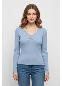 Langarmshirt Only "ONLBETTY LIFE L/S SCALLOP V-NECK CC JRS", Damen, Gr. M, soft chambray, Jersey, Obermaterial: 95% Baumwolle, 5% Elasthan, unifarben, h&uuml;ftlang, V-Ausschnitt, Shirts Langarmshirt, mit Raffung am Ausschnitt