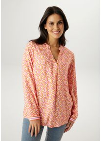 Schlupfbluse Aniston SELECTED, Damen, Gr. 42, hellrosa, orange, pink, Web, Obermaterial: 100% Viskose, bedruckt, gemustert, l&auml;ssig geschnitten h&uuml;ftbedeckend, V-Ausschnitt, mit Knopf B&uuml;ndchen, Blusen Schlupfbluse, mit angesagter geometrischer Wabenmusterung -NEUE KOLLEKTION