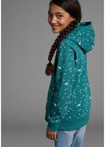 Kapuzensweatshirt Kangaroos, M&auml;dchen, Gr. 140/146, blau (petrol), angeraute Sweatware, Obermaterial: 60% Baumwolle, 40% Polyester, bedruckt, Basic h&uuml;ftlang, B&uuml;ndchen, Sweatshirts Kapuzensweatshirt, Langarm, bedruckt, mit Kapuze, aus Baumwollmischung, Topseller