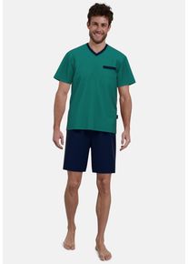 G&ouml;tzburg Shorty G&Ouml;TZBURG "Bray", Herren, Gr. 48S, gr&uuml;n (gr&uuml;n, mittel, allover), Single Jersey, Obermaterial: 100% Baumwolle, unifarben mit Farbeinsatz, bequem kniefrei, V-Ausschnitt, Homewear-Sets Shorty, V-Ausschnitt, Brusttasche, Baumwolle