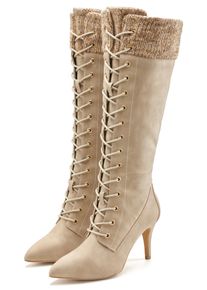 Stiefel Lascana "Stiefelette, Langer Stiefel", Damen, Gr. 40, beige, Obermaterial: 100% Lederimitat. Decksohle: 100% Lederimitat. Futter: 100% Lederimitat. Laufsohle: 100% Synthetik, unifarben mit Farbeinsatz, Schuhe Stiefel, mit spitz zulaufender Form und Strickeinsatz