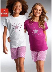 Pyjama Petite Fleur, M&auml;dchen, Gr. 98/104, lila (wei&szlig;, beere), Jersey, Obermaterial: 100% Baumwolle, bedruckt, Basic, l&auml;ssig geschnitten kurz, Rundhals, abgesteppte Kante, Homewear-Sets Pyjama, modischer Sternendruck auf den Shirts und Hosen, Topseller