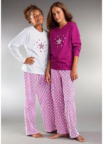 Pyjama Petite Fleur, M&auml;dchen, Gr. 158/164, lila (wei&szlig;, beere), Jersey, Obermaterial: 100% Baumwolle, bedruckt, Basic, l&auml;ssig geschnitten lang, Rundhals, abgesteppte Kante, Homewear-Sets Pyjama, modischer Sternendruck auf den Shirts und Hosen, Topseller