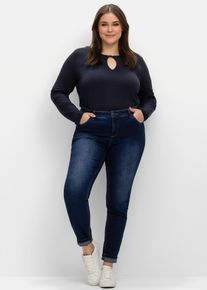 Stretch-Jeans sheego, Damen, Gr. 21, Kurzgr&ouml;&szlig;en, blau (dunkelblau denim), 74% Baumwolle, 22% Polyester, 3% Viskose, 1% Elasthan, unifarben, lang, Jeans Stretch-Jeans