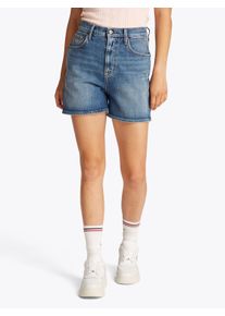 Shorts Tommy Jeans "MOM SHORT BI0134", Damen, Gr. 30, N-Gr, blau (denim medium), Denim/Jeans, Obermaterial: 99% Baumwolle, 1% Elasthan, unifarben, normal kurz, Hosen Shorts, mit Logo-Badge, in blauer Waschung