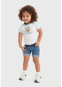 Print-Shirt LEVI'S KIDS, Jungen, Gr. 9M74, wei&szlig; (hellwei&szlig;), Jersey, Obermaterial: 60% Baumwolle, 40% Polyester. Unterteil: 79% Baumwolle, 20% Polyester, 1% Elasthan, bedruckt, Rundhals, Shirts Print-Shirt, und Jeansshorts, for BOYS