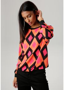 Shirtbluse Aniston SELECTED, Damen, Gr. 46, bunt (schwarz, orange, pink), Cr&ecirc;pe, Obermaterial: 95% Polyester, 5% Elasthan, Rautenmuster, bedruckt, figurumspielend h&uuml;ftbedeckend, Rundhals, B&uuml;ndchen, Blusen Shirtbluse, mit unifarbenen B&uuml;ndchen und Retro-Muster, Topseller