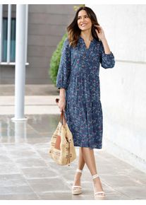 A-Linien-Kleid Classic Basics "Stufenkleid", Damen, Gr. 54, Normalgr&ouml;&szlig;en, jeansblau, fuchsia, bedruckt, 100% Viskose, gebl&uuml;mt, gemustert, mehrfarbig, knielang, Rundhals, Kleider A-Linien-Kleid