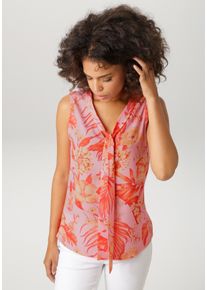 Blusentop Aniston CASUAL, Damen, Gr. 42, rosa, rot, orange, apricot, braun, Cr&ecirc;pe, Obermaterial Vorderteil: 100% Polyester. R&uuml;ckenteil: 95% Viskose, 5% Elasthan, bedruckt, gebl&uuml;mt, unifarben, figurumspielend h&uuml;ftbedeckend, V-Ausschnitt, Blusen Blusentop, mit farbharmonischen Blumen und Bl&auml;ttern bedruckt - NEUE KOLLEKTION