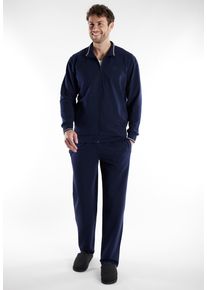 Loungeanzug Bugatti "Bologna", Herren, Gr. 52, blau, dunkel, uni, Web, Obermaterial: 51% Polyester, 46% Baumwolle, 3% Elasthan, bequem lang, ohne Ausschnitt, Homewear-Sets Loungeanzug, Langarm, lange Hose, mit Seitentaschen, mit Rei&szlig;verschluss, bequem